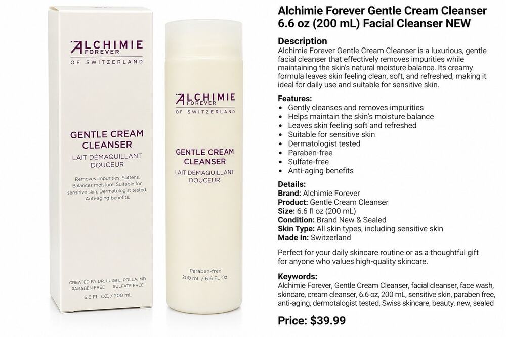 Alchimie Forever Gentle Cream Cleanser Facial Cleanser 6.6 oz NEW